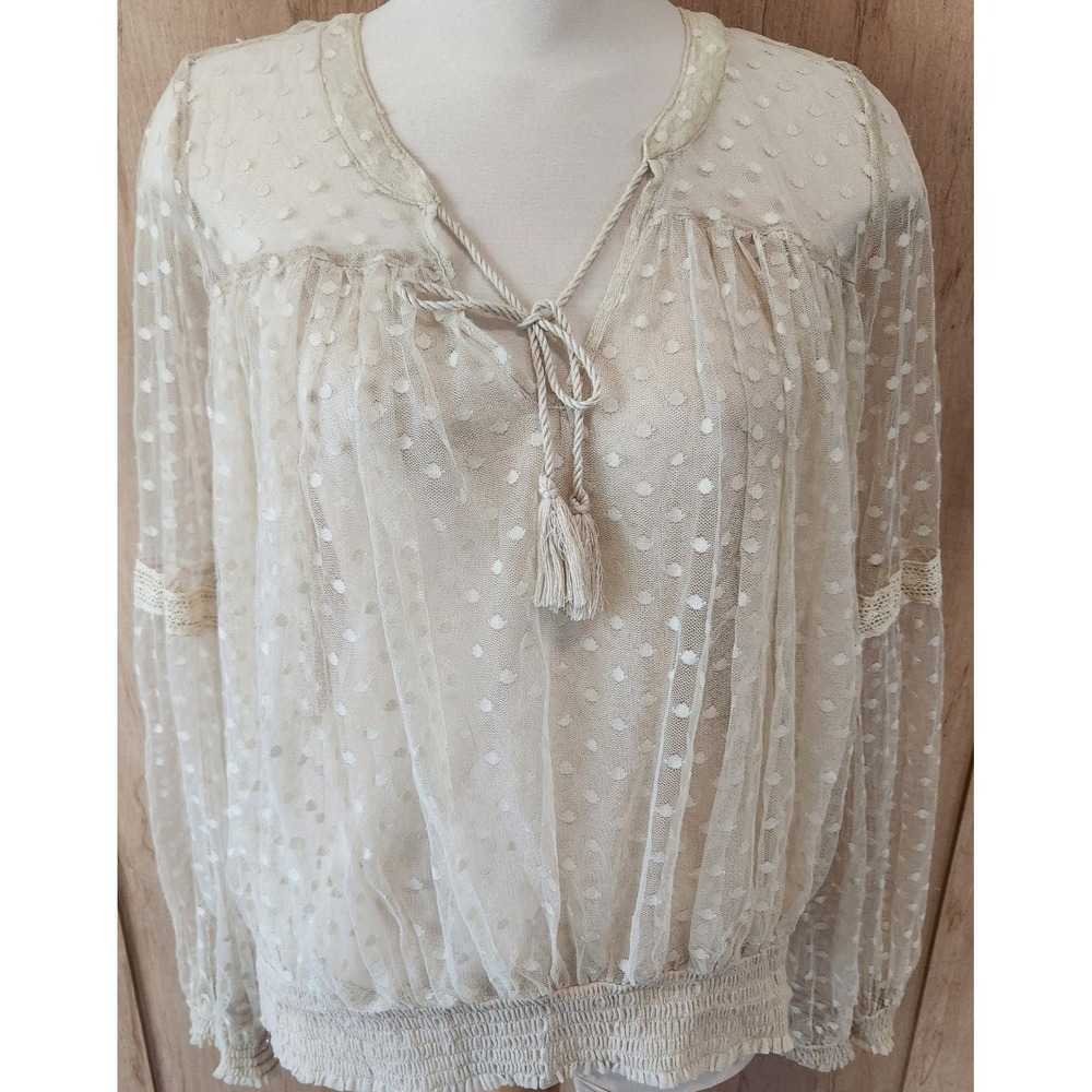 Denim & Supply Ralph Lauren Cream Swiss Dot Mesh Tassel Peasant Blouse Top